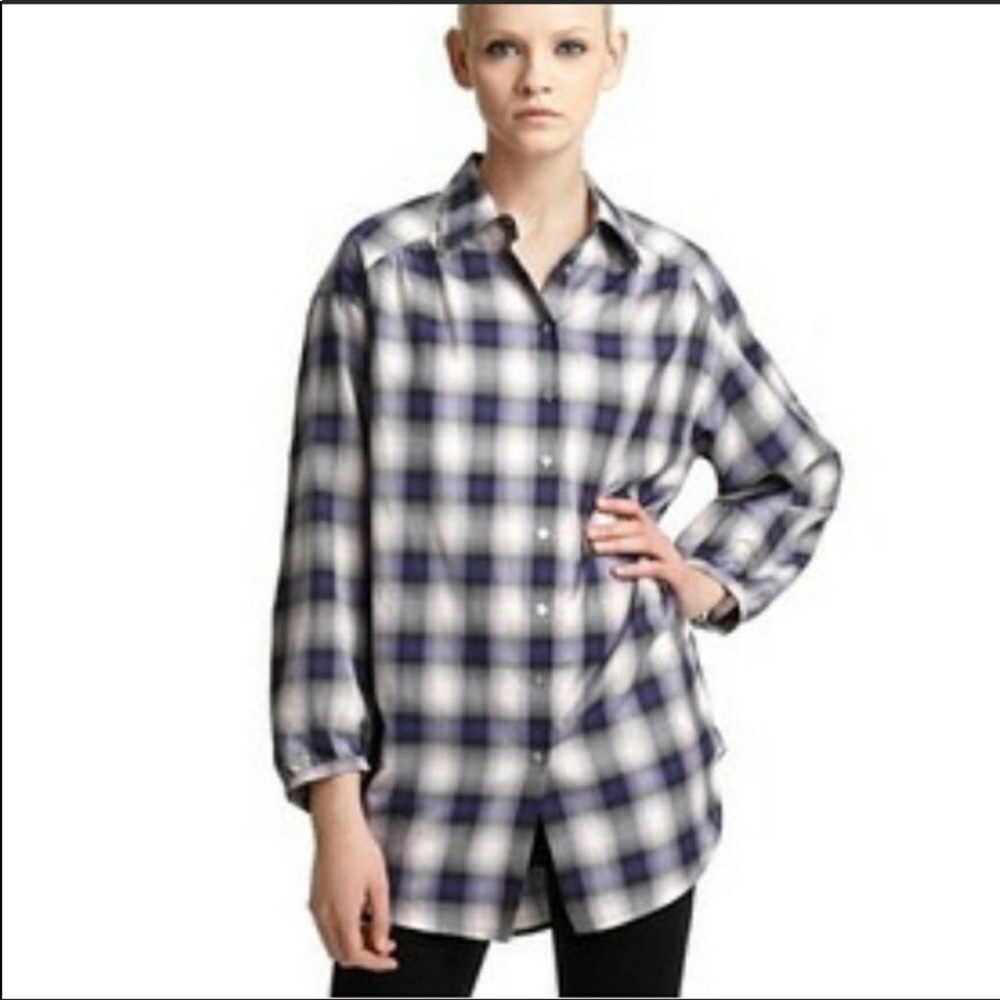 Vince oversized plaid rolled‎ button down plaid tunic top size small